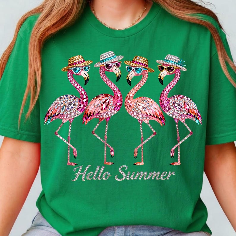May include: Green t-shirt featuring four pink flamingo illustrations adorned with sparkling embellishments, sunglasses, and hats. The phrase "Hello Summer" is written in a sparkling font below the flamingos. The shirt is a vibrant, summery design.