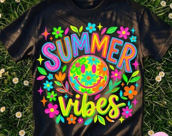 Summer Vibes Smiley Face PNG: Neon Retro Floral Bright Colorful Hippie Summer Sublimation Design