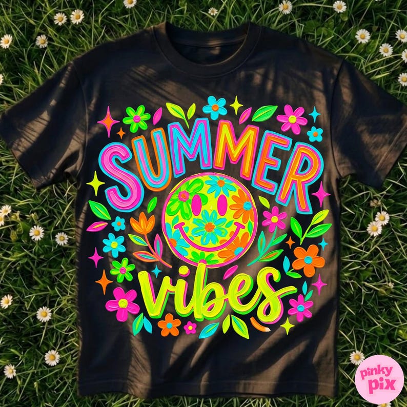 May include: Black t-shirt with a colorful "Summer Vibes" design. The design features a smiley face made of flowers, surrounded by flowers, leaves, and stars. The word "SUMMER" is in pink, blue, and orange, and "VIBES" is in neon green.