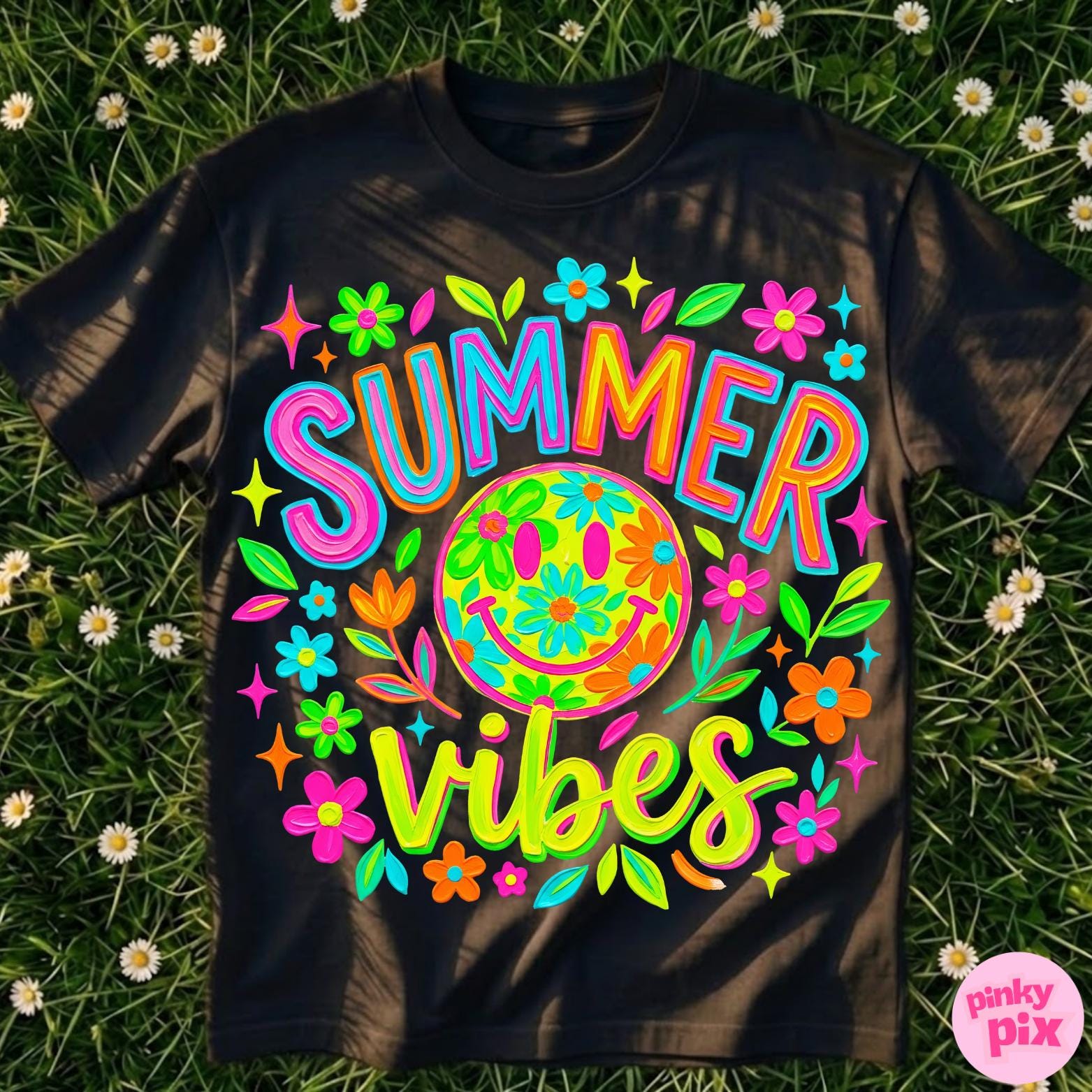 Summer Vibes Smiley Face PNG: Neon Retro Floral Bright Colorful Hippie ...