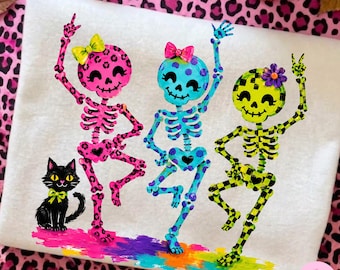 Halloween Skeleton PNG: Funny Dancing Bones, Groovy Colorful Leopard Black Cat Design, Digital Download