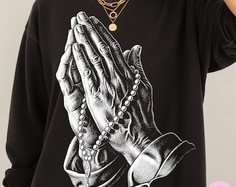 Biddende handen PNG: vintage christelijke rozenkrans witte inkt halftoon DTF-ontwerp