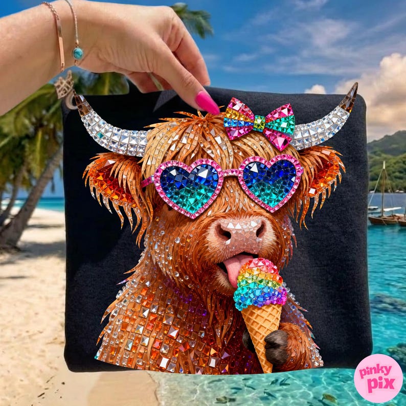 May include: Black square beach towel featuring a rhinestone-covered Highland cow wearing heart-shaped sunglasses and a bow. The cow is licking a rainbow ice cream cone. The background shows a tropical beach scene.