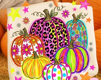 Höstpumpor PNG: Preppy Leopardrutiga Prickiga Färgglada Blommor Handritade Höstdesign