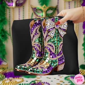 May include: A pair of decorative cowboy boots with a mosaic design in green, purple, and gold. The boots feature a large jeweled bow and are embellished with rhinestones. The boots are held against a black background.