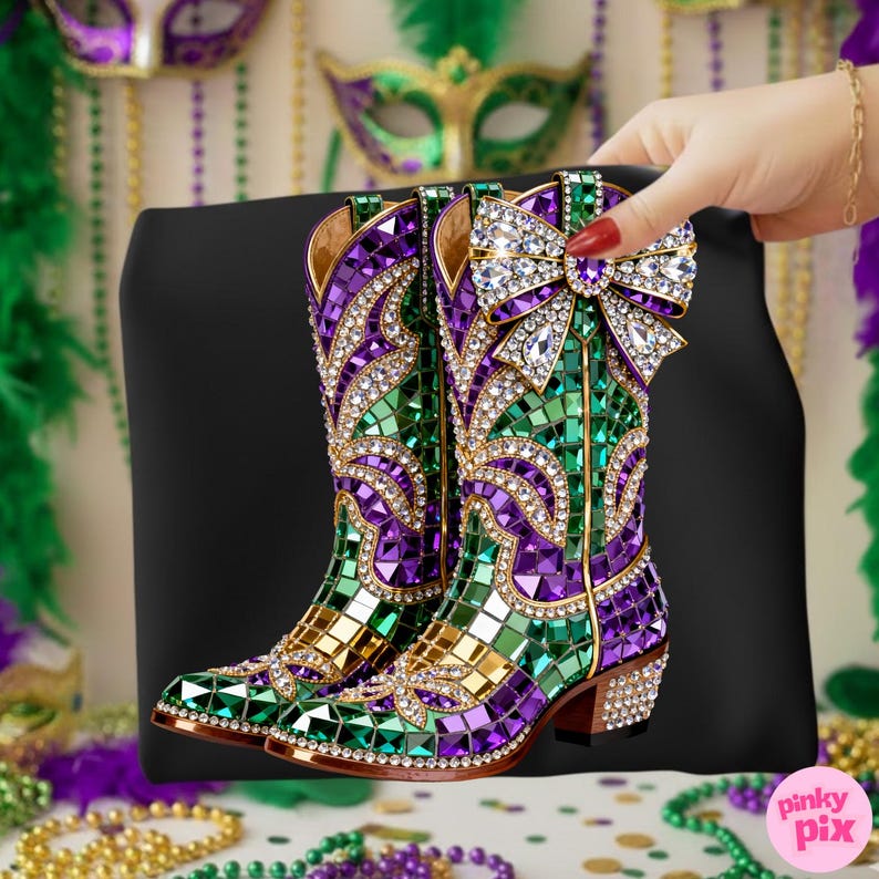 May include: A pair of decorative cowboy boots with a mosaic design in green, purple, and gold. The boots feature a large jeweled bow and are embellished with rhinestones. The boots are held against a black background.