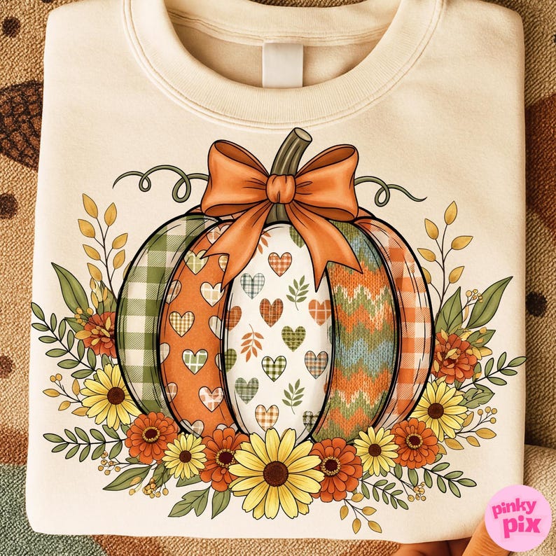May include: Cream-colored sweatshirt featuring a large pumpkin design. The pumpkin is segmented with plaid, heart, and chevron patterns in orange, green, and blue. An orange bow sits atop the pumpkin, surrounded by floral and leaf accents.