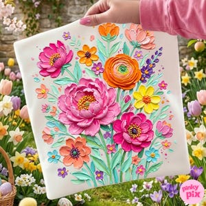 May include: A white square pillow featuring a vibrant floral design. The artwork showcases a bouquet of textured, raised flowers in shades of pink, orange, yellow, and purple, with green leaves. The pillow is held by a person.