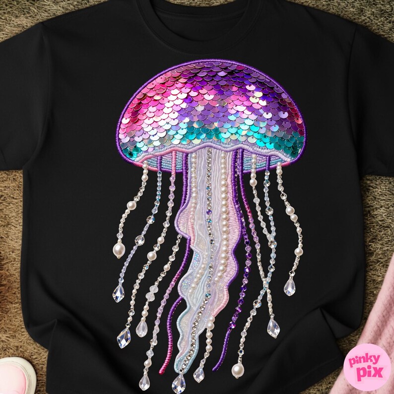 May include: Black t-shirt featuring a colorful jellyfish design. The jellyfish has a sequined, multi-colored head and beaded tentacles with dangling crystals. The design is detailed and eye-catching, perfect for ocean lovers.