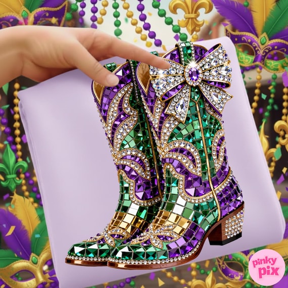 Mardi Gras Rhinestone Boots PNG: Crystal Mosaic Jewel Sparkle Cowgirl Bling Sublimation Design