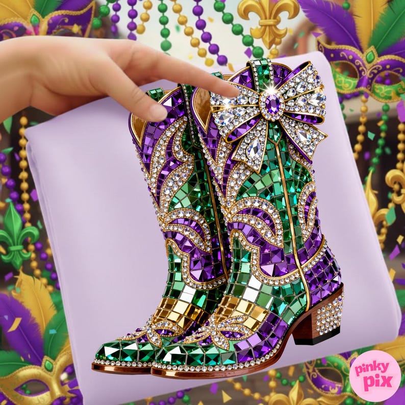 Mardi Gras Rhinestone Boots PNG: Crystal Mosaic Jewel Sparkle Cowgirl Bling Sublimation Design image 1