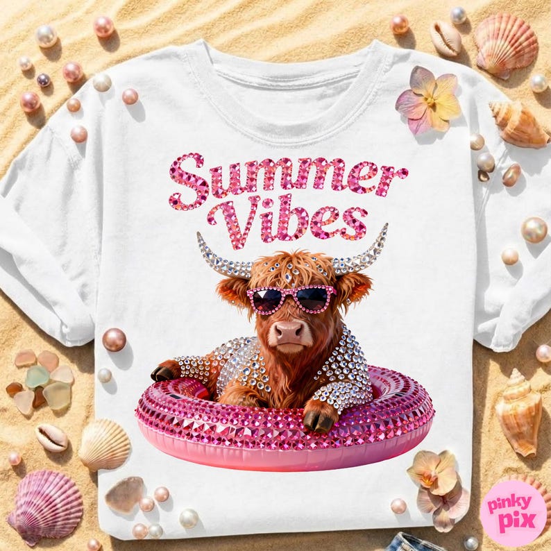 May include: White t-shirt with the text "Summer Vibes" in pink rhinestone lettering. The shirt features a graphic of a Highland cow wearing sunglasses and a rhinestone-studded floatie. The cow is surrounded by seashells and pearls.