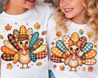 Kids Thanksgiving Turkey PNG Bundle: Matching Fall Sibling Boy & Girl Sublimation Design, Digital Download