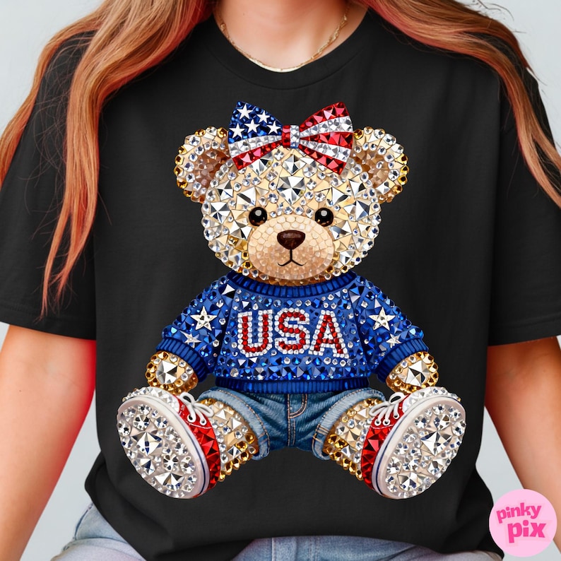 USA Teddy Bear 4th of July PNG: Patriotic Rhinestone American Flag Bow T-Shirt Design image 11