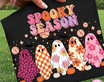 Spooky Season Cute Ghost Png, Retro Floral Checker Pink Halloween Png, Spooky Groovy Girly Ghost Sublimation Design, Leopard Ghost Shirt Png