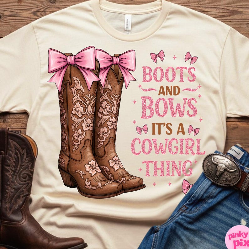 Boots and Bows PNG, Cowgirl Thing Sublimation, Western Girl Clipart, Pink Cowgirl Shirt Design, Country Rodeo PNG image 5