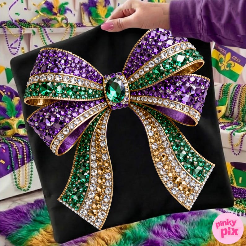 May include: A black pillow with a large, ornate bow design. The bow features purple, green, and gold jewel-like embellishments. The bow is centered on the pillow and is held by a person. The image has a Mardi Gras theme.
