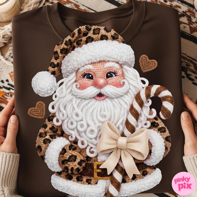 May include: A brown sweatshirt featuring a detailed Santa Claus design. Santa is depicted with a white beard, a leopard print hat and coat, and a candy cane. A cream-colored bow is at the bottom of the design. Two heart-shaped cookies are also visible.