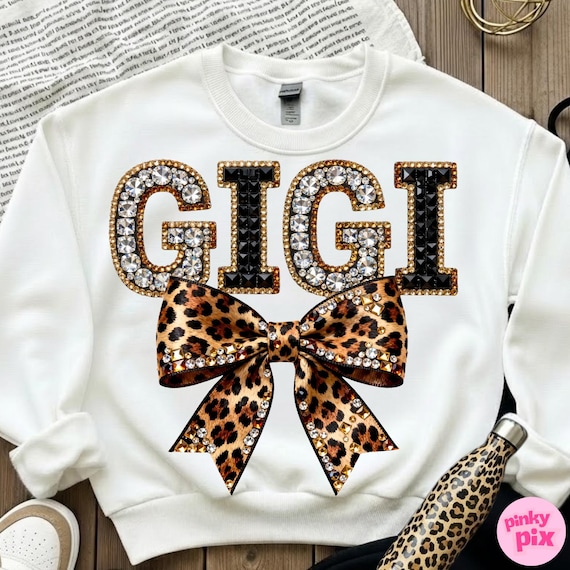 Leopard Bling Gigi PNG: Coquette Bow Rhinestone Crystal Mosaic Jewel Letters Sparkle DTF Design