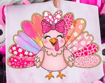 Pink Brushstroke Glitter Cute Turkey Thanksgiving Png, Fall Coquette Bow Girly Turkey Sublimation, Colorful Autumn Kids Turkey Shirt Design