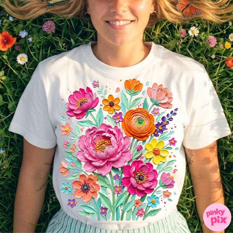 May include: White t-shirt featuring a vibrant floral design. The design includes large pink peonies, orange ranunculus, and various other colorful flowers. The shirt has a crew neck and short sleeves. The Pinky Pix logo is visible in the bottom right corner.