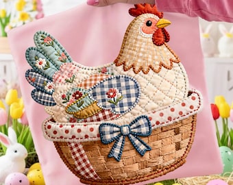 Patchwork Easter Chicken PNG: Farmhouse Cottage Core Gingham Floral Retro Spring Sublimation Design