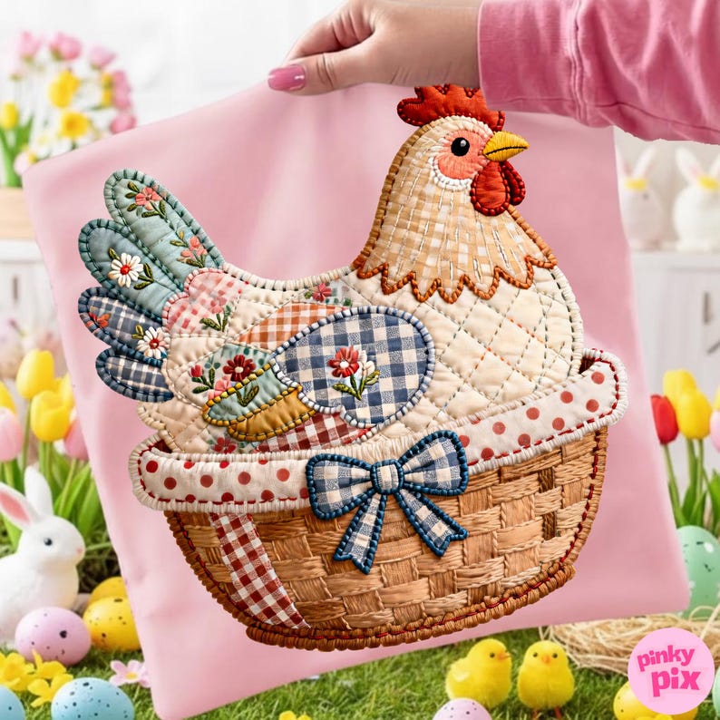 May include: A cushion with a patchwork chicken design. The chicken is in a woven basket with a blue bow. The chicken has a red comb and beak, and the cushion is held against a pink background.