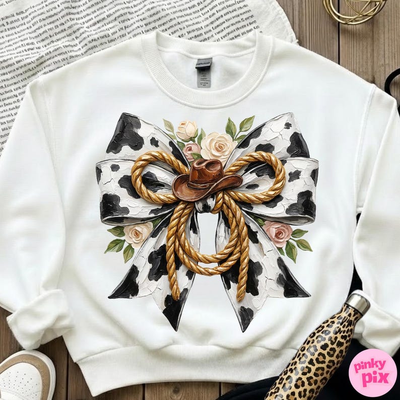 May include: White sweatshirt featuring a large cow print bow design with a brown cowboy hat, rope, and floral accents. The design is centered on the front of the long-sleeved top. A leopard print water bottle is visible in the bottom right corner.
