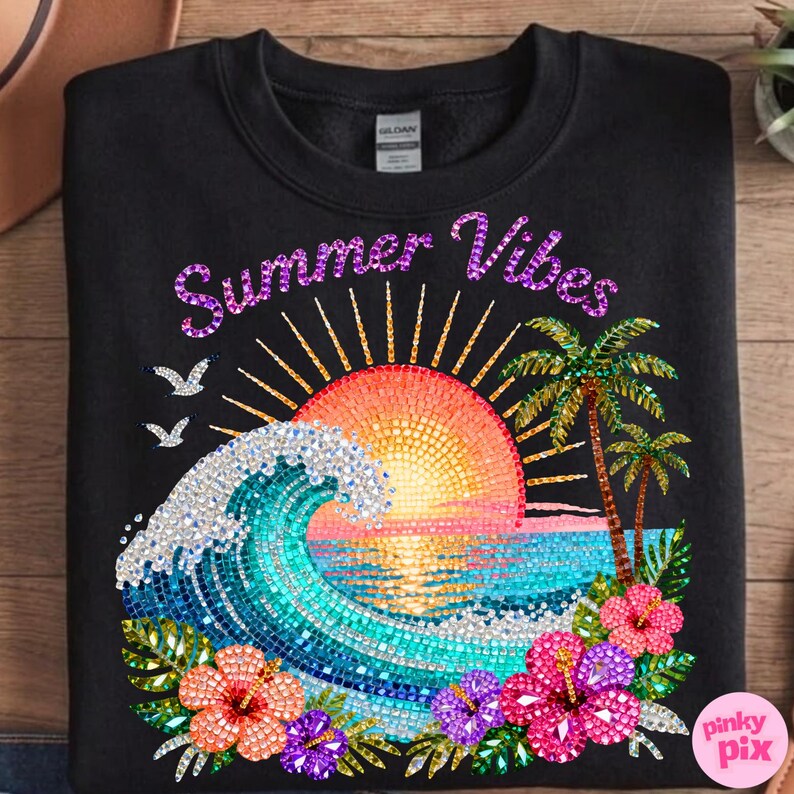 May include: Black sweatshirt with a colorful graphic design. The design features a mosaic-style sunset, ocean waves, palm trees, and hibiscus flowers. The words "Summer Vibes" are written across the top.