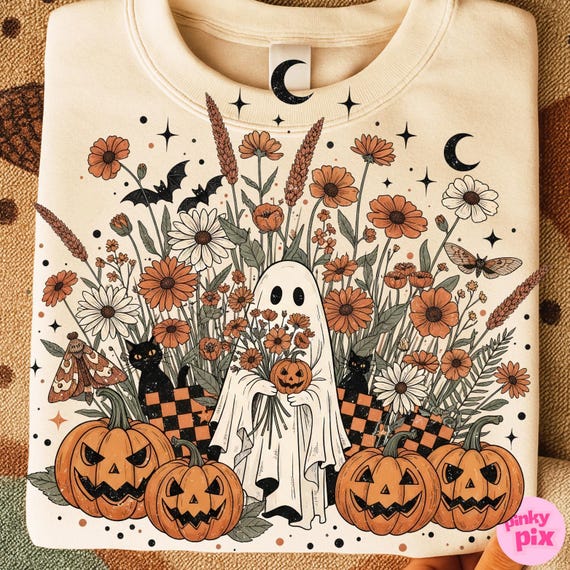 Preppy Floral Fall Pumpkin Halloween Cute Ghost Png, Cute Autumn Sublimation, Fall Coquette Png, Vintage Halloween Png, Trendy Shirt Design