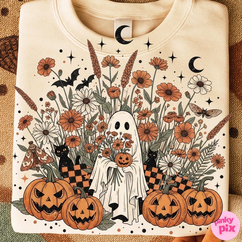 May include: A cream-coloured sweatshirt with a Halloween design. The graphic shows a ghost holding a pumpkin and flowers, with pumpkins, black cats, bats, and floral elements in orange, white, and black.