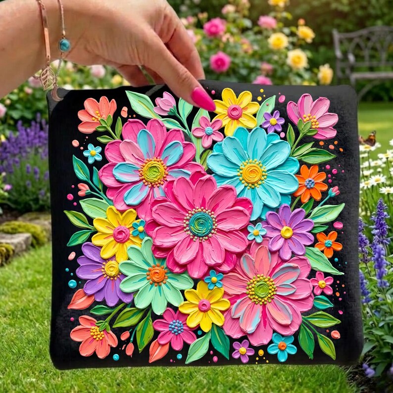 May include: Black square pillow with a vibrant floral design. The pillow features raised, colorful flowers in shades of pink, blue, yellow, orange, and purple, set against a black background. Green leaves and stems complete the design.