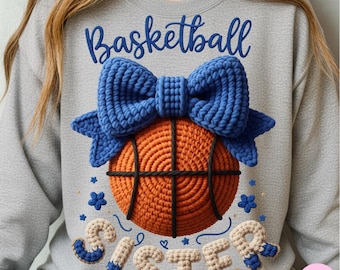 Faux Yarn Basketball Sister PNG: Royal Blue Crochet Bow Sports Sublimation Design (Digital Download)