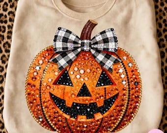 Rhinestone Halloween Pumpkin PNG: Fall Jack O Lantern Bling Luxury Glam Sparkle Bow Design