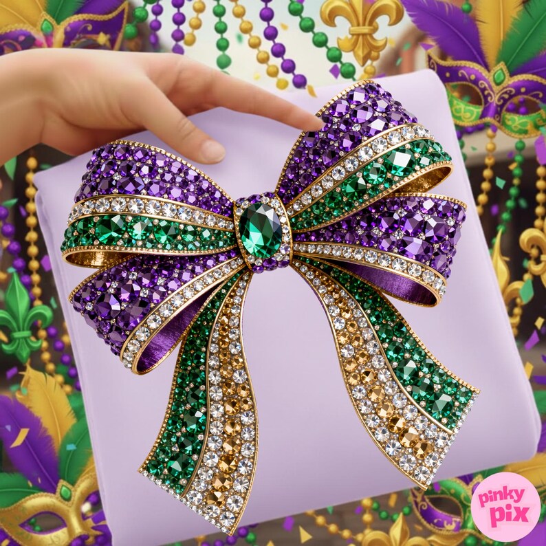 May include: A decorative bow in purple, green, and gold, adorned with sparkling crystals, rests on a lavender surface. The bow's design features a central green gem and is reminiscent of Mardi Gras celebrations. The image has a festive theme.