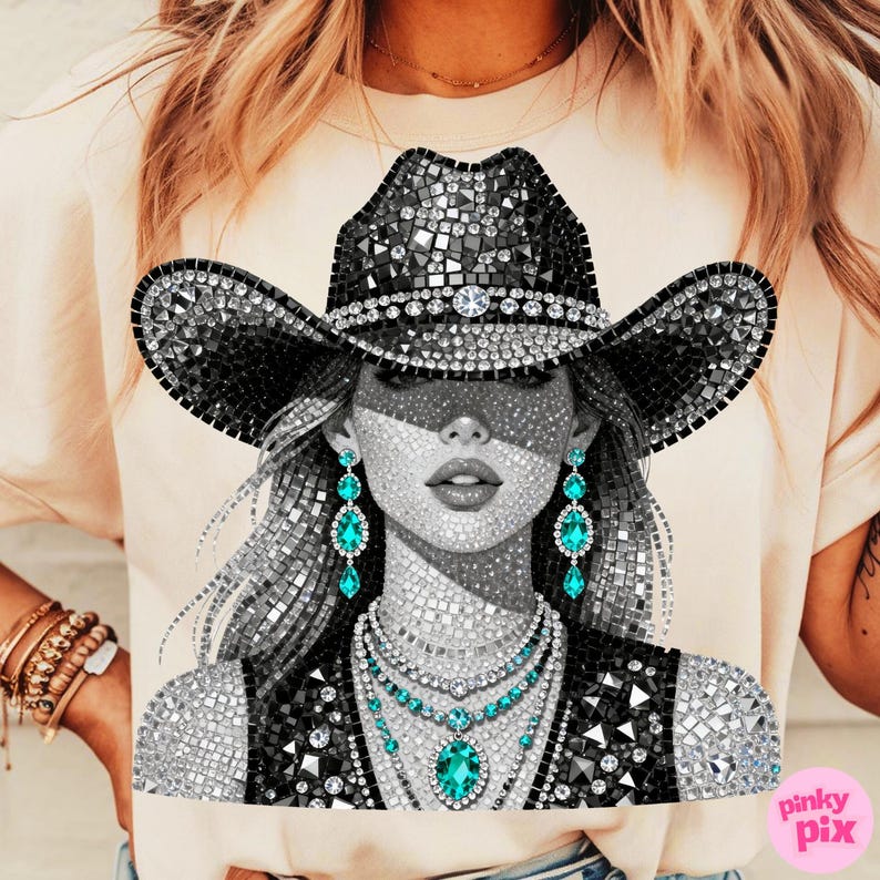 May include: A graphic tee featuring a mosaic-style portrait of a woman wearing a bedazzled cowboy hat, earrings, and necklace. The design is primarily black, white, and silver, with turquoise accents. The shirt is a light peach color.