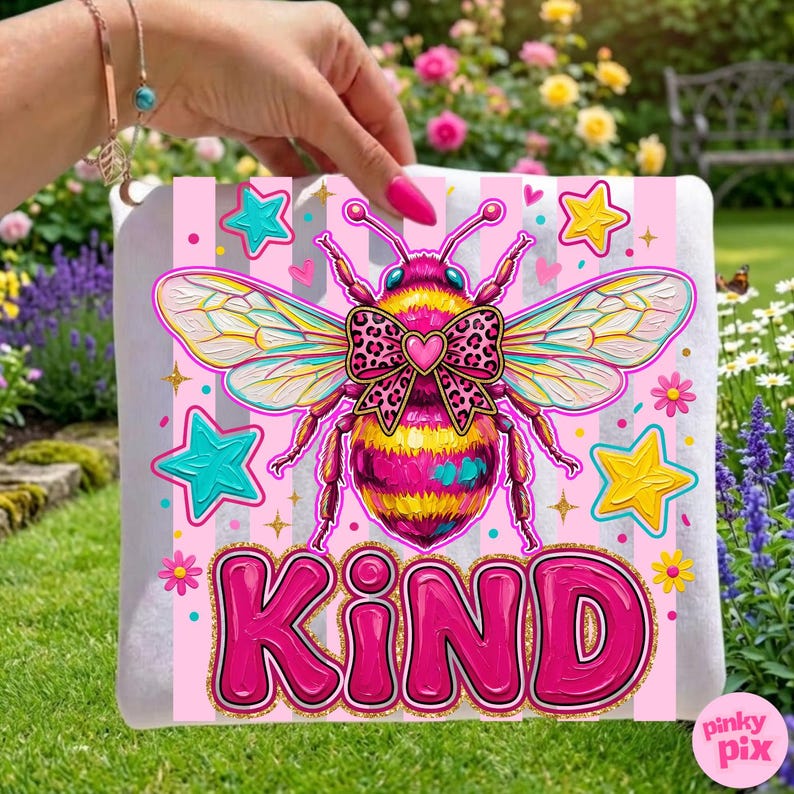 May include: A pink and white striped square with a large, colorful bee illustration. The bee has a leopard print bow and heart. The word "KIND" is written in large, pink, bubble letters with a gold outline. Turquoise and yellow stars are scattered around the bee.