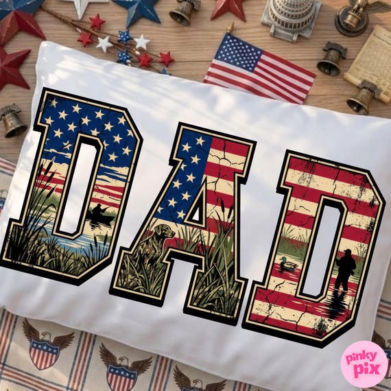 Dad Hunting PNG: American Flag Vintage Camo Dog Duck Graphic Sublimation Design