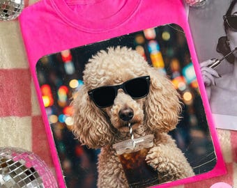 Vintage Funny Dog Sunglasses Drinking Iced Coffee PNG, Trending Retro Pet Graphic Digital Download