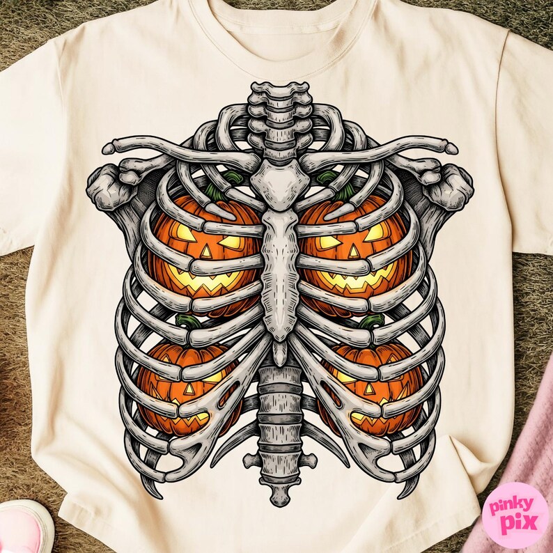 Retro Halloween Skeleton Rib Cage Pumpkins Png, Spooky Jack O Lantern ...