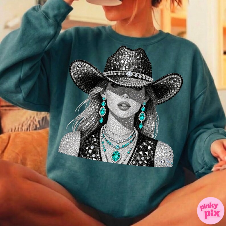 May include: Teal-colored sweatshirt featuring a rhinestone-studded cowgirl graphic. The graphic includes a black cowboy hat, jewelry, and a vest. The design is in black, white, and teal. The sweatshirt is a comfortable, casual style.