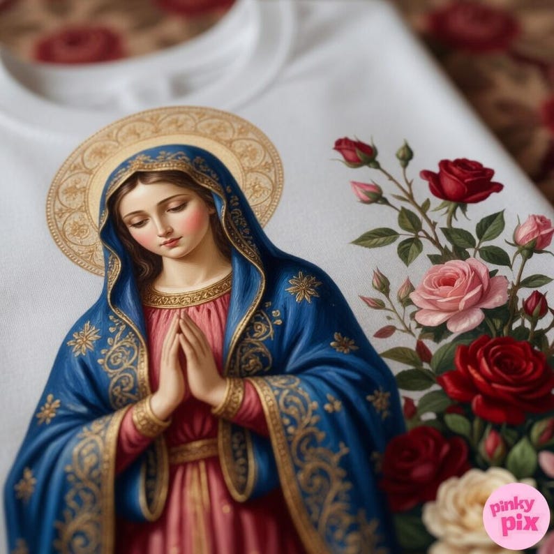 May include: White t-shirt featuring a religious illustration of a woman with a blue veil and gold halo, hands clasped in prayer. The design includes red and pink roses. The Pinky Pix logo is visible in the bottom right corner.