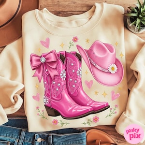Chapéu de botas de cowgirl rosa PNG, design de sublimação de cowgirl feminina estilo western, camisa de rodeio fofa com glitter PNG, clipart de laço country rosa