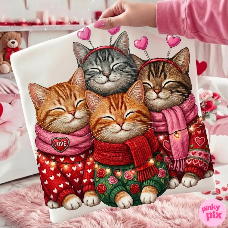 May include: A white pillowcase featuring a group of four smiling cats. The cats are wearing scarves and sweaters with heart and rose designs. Each cat has a headband with heart-shaped decorations.