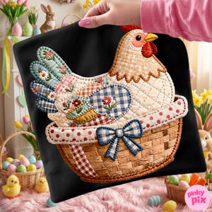 May include: A black tote bag with a quilted chicken design in a basket. The chicken has a red comb and wattle, patchwork wings and a blue gingham bow. The basket has a red polka dot trim.