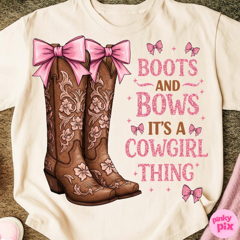 Boots and Bows PNG, Cowgirl Thing Sublimation, Western Girl Clipart, Pink Cowgirl Shirt Design, Country Rodeo PNG image 1