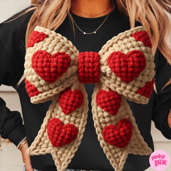 Faux Yarn Valentine Bow PNG: Crochet Coquette Heart Sublimation Design, Knit Texture Digital Download