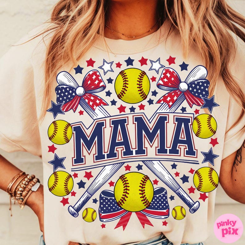 Imagem PNG de mãe jogadora de softball, sublimação para o 4 de julho, clipart patriótico de mãe esportista, imagem PNG de mãe jogadora de softball em vermelho, branco e azul, camiseta de beisebol com a bandeira dos EUA imagem 3