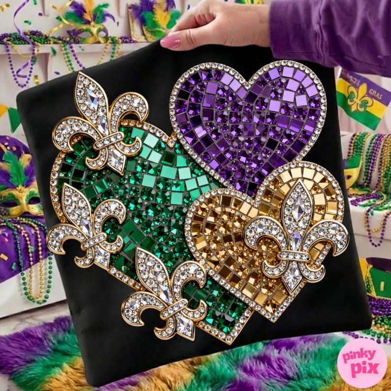 May include: Black pillow featuring three mosaic hearts in green, purple, and gold, adorned with fleur-de-lis embellishments. The hearts are embellished with sparkling rhinestones. The pillow is held by a person.