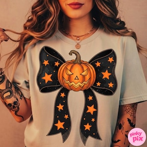 Halloween Coquette Bow Png, Cute Pumpkin Star Bow Sublimation, Girly Spooky Fall Clipart, Vintage Retro Halloween Shirt Png,Digital Download